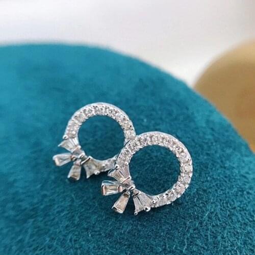 UBESTNICE Trendy 18K AU750 White Gold Fine Jewelry Real Diamond 0.78ct Bowknot Round Stud Earrings for Women Wedding Party Gift
