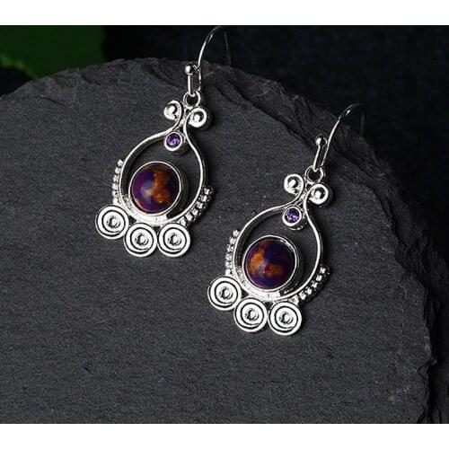 2021 Vintage Bohemian Purple Stone Dangle Earrings For Women Silver Color Statement Female Jewelry Boho Party Accessories Gift