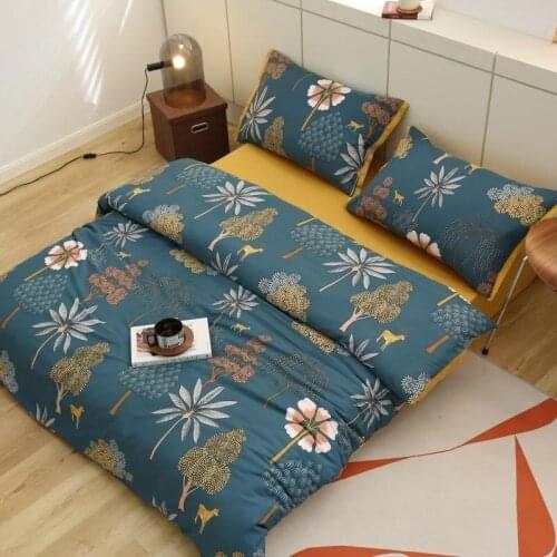 4Pcs Long Staple Cotton Soft King Queen Double Full Tree Flowers Bedding Set 1Duvet Cover Zipper Ties 1Bed sheet 2 Pillowcases