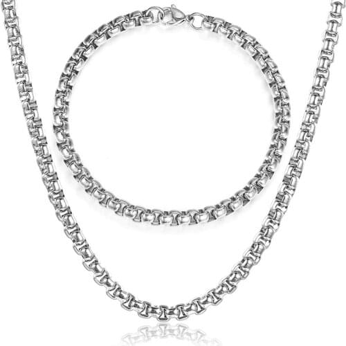 5mm Necklace Bracelet Sets For Women Men Stainless Steel Silver Color Jewelry Sets Box Link Chain Fashion LKS264