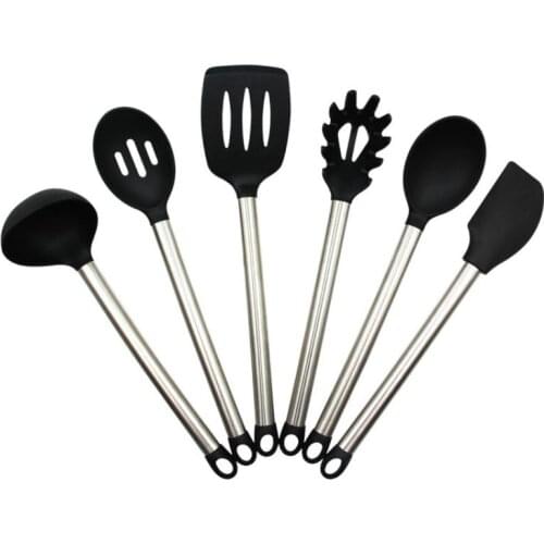 6Pcs Latest Stainless Steel Black Silicone Spade Scraper Spoon Kitchen Cooking Tools Coated Nylon