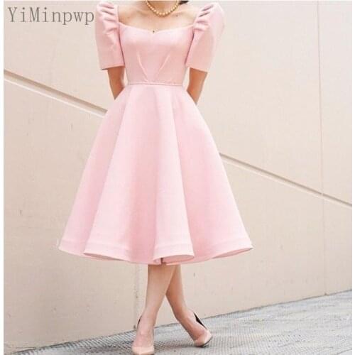 YiMinpwp Elegant Prom Dresses Square Neck Puff Sleeve Tea Length A Line Satin Women Evening Party Gowns Graduation Dress for 15