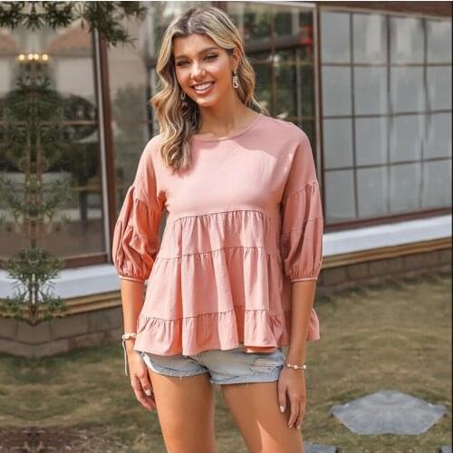 Pleated Cotton Hemp T Shirts Women 2021 Summer Short Sleeve Korean Loose T-shirt Female Office Lady Style Fashion Clothes