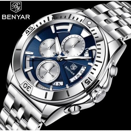 Chronograph Quartz Wrist Watch for Men Benyar Top Luxury Brand Sport Mens Watches Diver Waterproof Stainless Steel Reloj Hombre