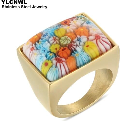 Gold Color Stainless Steel Flower Opal Stone Square Rings For Women Ladies Fashion Jewelry Girlfriend Birthday Gift