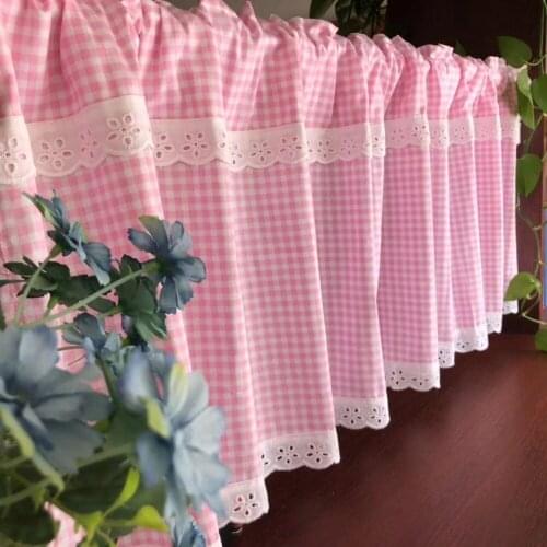 Brief Style Colorful Plaid Splice White Lace Edge Pure Cotton Coffee Curtain Home Multi-funciton Decorative Short Curtain