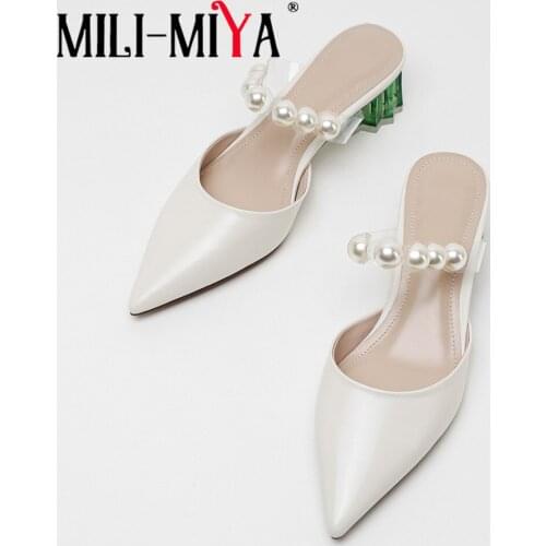 MILI-MIYA New Design Womens Strange Style Mules Leisure Pointed Toe Cow Leather Pearls Inlaid Slip on Slipper Summer Wild Shoes