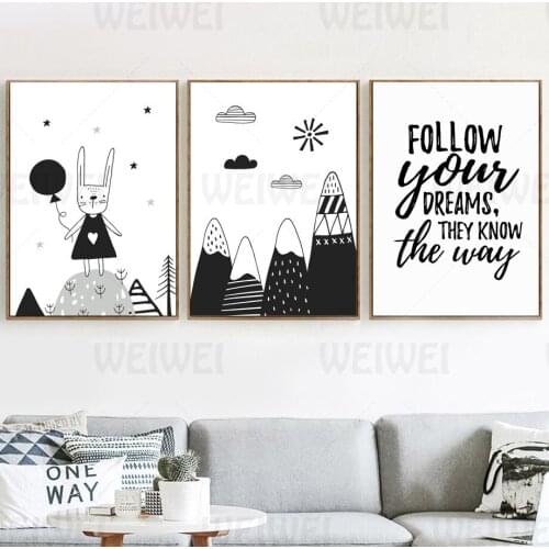 Cartoon Home Decoration Painting Rabbit Living Room Wall Canvas Art Poster Mountain Peak Cloud Kids Room Print Follow Your Dream
