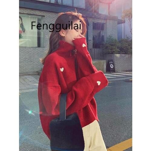 Fall Winter Womens Turtleneck Sweater Loose Wild Sweater Slip Sweater Womens Long Sleeve Casual Sweater Women White Black Red