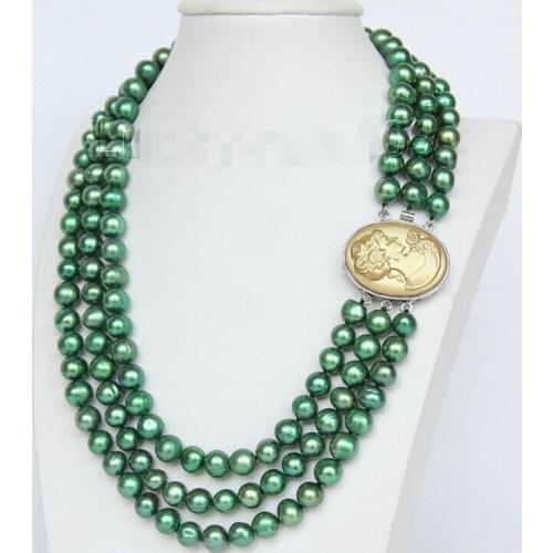 Genuine 16" 3 Strand 9mm green FW pearls necklace cameo seashell clasp