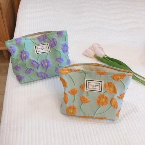 Embossed Floral Makeup Bag Small Pouch Women Cotton Cosmetic Bag Organizer Insert Female Travel Toiletry Bag Zipper Beauty Case