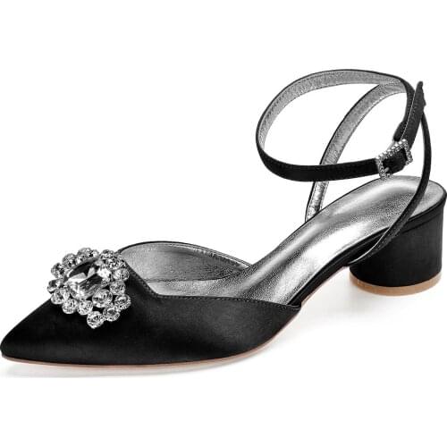 Only one pair SIZE 38 black satin dress shoes block kitten heels pointed toe lady shoes with crystal brooch prom funeral shoes