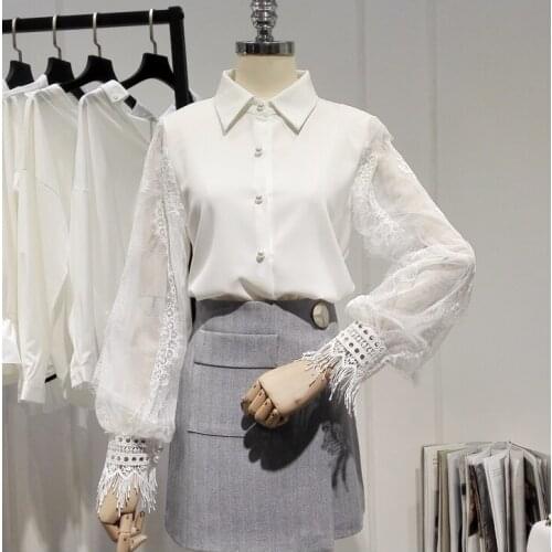 Womens Spring Autumn Runway Fashion Lace Patchwork White Chiffon Shirt Female High Waist Casual OL Blouse Tees Tops TB1612