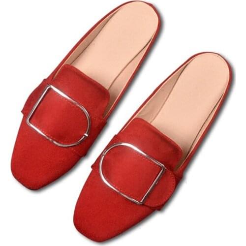 Womens Summer Lazy Mules Shoes Suede Solid Low Heel Sandals Ladies Home Slippers Square Flip-Flops Women Slides Big Size 31-43