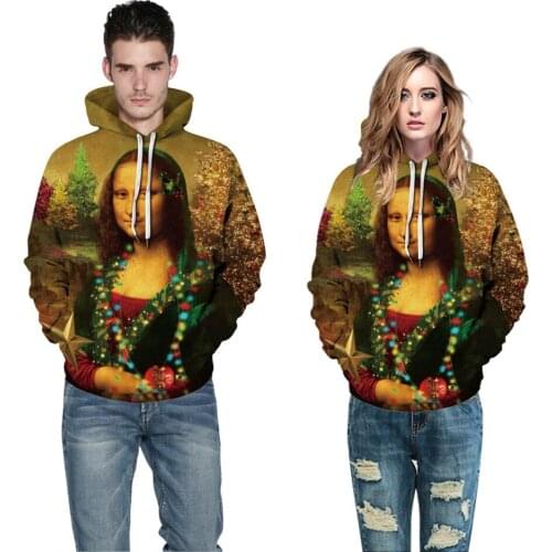 Women Christmas Hoodies Mona Lisa Snowman Tree Moon Elk Wapiti Santa Claus Gift Bear Funny Print Men Hooded Sweatshirts Pullover