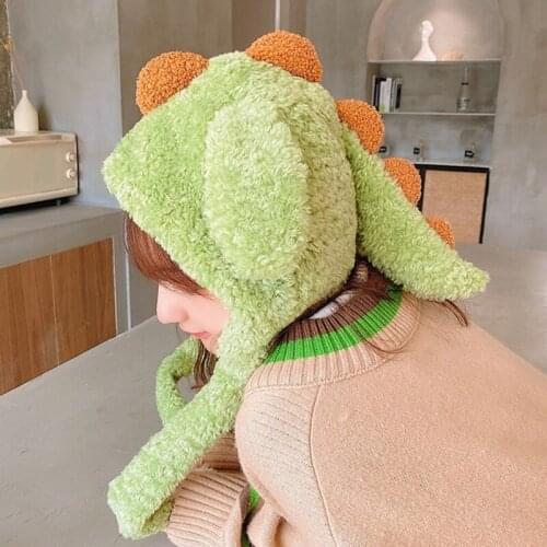 Women Winter Fluffy Plush Hoodie Scarf Hat with Moving Jumping Ears Funny Cartoon Dinosaur Toy Thicken Warm Earflap Cap