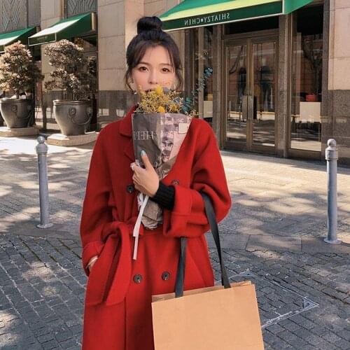 Plus Size 3XL Korea Women Spring Autumn Black Red Loose Long Wool Coat Jacket Belt Woolen Overcoat Split Hem Cardigan Outerwear