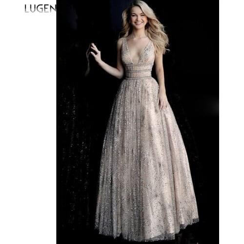 Party Dress Women Sexy Deep V-neck Backless Sleeveless Sequin Dresses Summer Ladies Slim Big Swing Maxi Dress Lugentolo