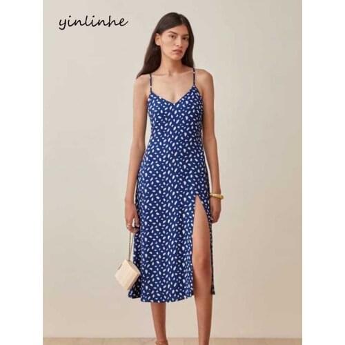 Yinlinhe Blue Print Vintage Braces Long Dress Women Backless Loose Summer Dress V Neck Sexy Beach Dresses Vocation Outfirs 2176