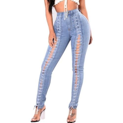 2021 Womens High Waist Stretch Jeans Lace-up Slim Womens Jeans Fashion Pencil Skinny Jeans Light Blue Bandage Eyelet Jeans New