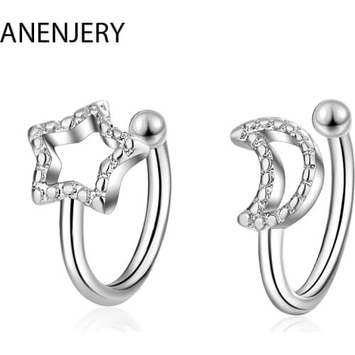 ANENJERY 925 Sterling Silver Simple Hollow Moon Star No Pierced Asymmetric Earcuff With Clip Earrings Jewelry For Girl S-E955