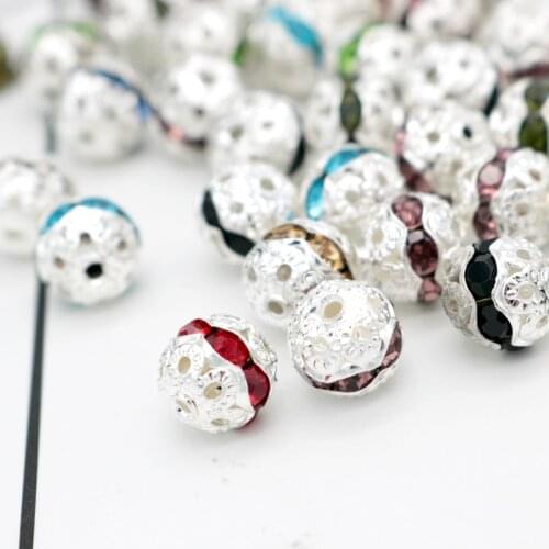 Free Shipping Wholesale 100pcs Metal Beads 8mm New Design Beads Crystal White AB Rhinestone Silver Plated Spacer Charm Beads