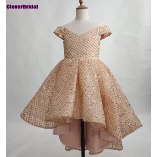 CloverBridal good quality bling glitter luxury V neck high low gold girls dress off the shoulder flower girl party dance