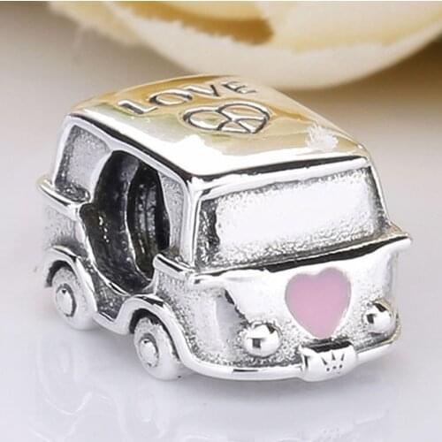 Original Pink Enamel Heart Adorns Love & Peace Sign Camper Van Beads Fit 925 Sterling Silver Charm Bracelet Diy Jewelry