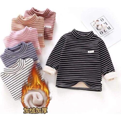 Little kids long sleeve t shirt baby boys girls thickness turtleneck velvet inside children warm jacket striped clothes infant