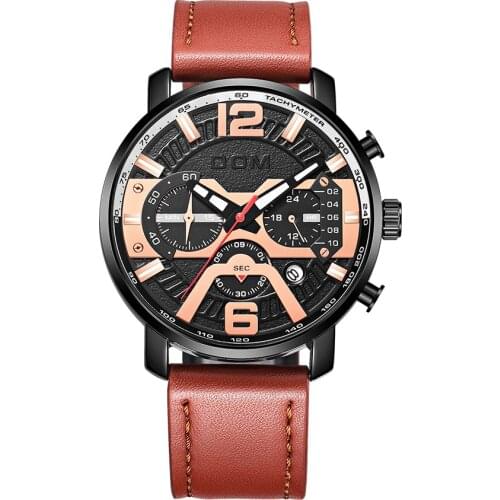 DOM New Products Mens Multi-Function Quartz Watch Chronograph Waterproof Luminous Watches wristwatch Clock genuine leather 1216