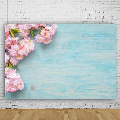 Planks Backdrop Blue Wooden Board and Pink Brilliant Flowers Photography Background Holiday Celebration Photo Booth Studio Decor