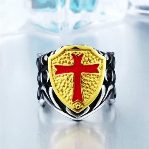 Classic Retro Trendy Mens Red Cross Stainless Steel Knight Templar Ring Fashion Casual Jewelry Gift