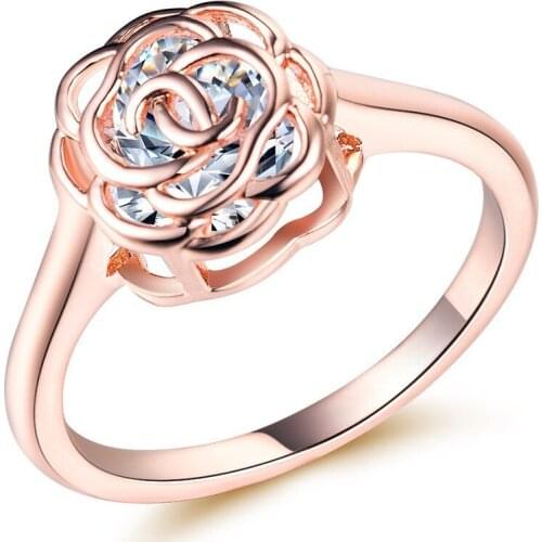 Fashion Jewelry Rose Gold Round Cut Flower Ring Elegant Simple Lady Engagement Ring Delicate Romantic Luxury Gift Free Shipping