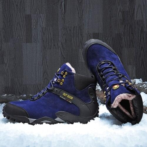 Mens Leather Climbing Shoes Fall Winter Outdoor Hiking High-Top Shoes High Quality Plus Fleece Warm Non-Slip Snow Boots