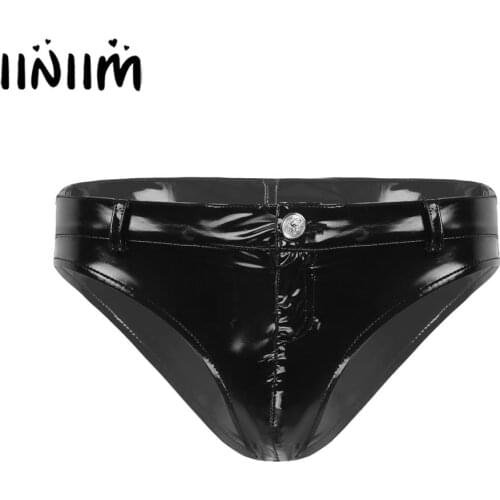 Mens Evening Clubwear Lingerie Panties Leather Latex Triangle Briefs Zipper Jockstraps Pouch Sexy Gay Underwear Underpants