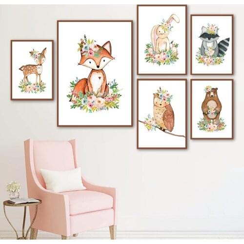 Fox Deer Rabbit Raccoon Flower Crown Animal Wall Art Canvas Painting Nordic Posters And Prints Wall Pictures Kids Room Decor