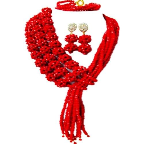 Opaque Red African Wedding Beads Crystal Ball Beaded Necklace Bracelet Earrings Jewelry Set 3CQST02