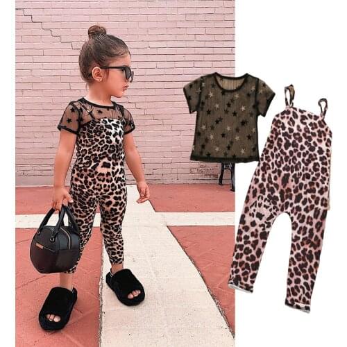 Newborn Baby Girls See-through Mesh Star Print Short Sleeve Round Neck T-shirt + Leopard Overalls 2 Pcs Infant Summer Outfits