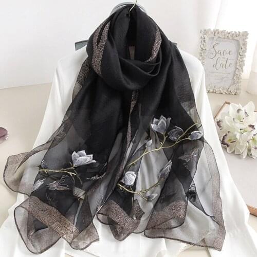 Luxury Summer Light Thin silk wool Scarf Female Long Shawl Women Sunscreen bandana Floral Embroidery Girl scarves soft stoles