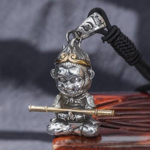 999 solid Sterling Silver Mens Women Son Goku Monkey King golden cudgel pendant charm Handmade high details A4963