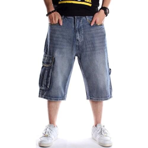 Summer Loose Wide Leg Embroidery Men Shorts Jeans Hip Hop Skateboard Baggy Capri Pants Male Printed Denim Shorts Oversize 30-46