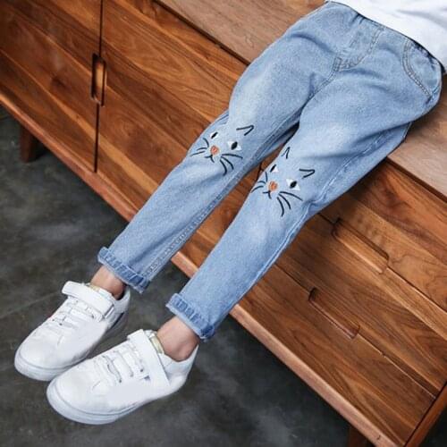 Spring Summer High Quality Children Girls Pants Cotton Breathable Denim Kids Wear Cute Cat Cartoon Printing For 10 Year