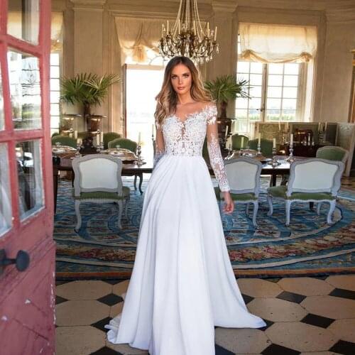 Long Sleeves Wedding Dress 2021 Beach Bridal Gown Chiffon Lace Appliques Wedding Dresses White/Ivory Romantic Buttons