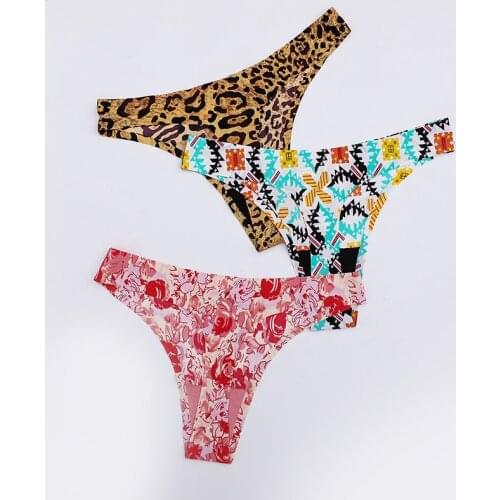 BANNIROU Woman Thongs Leopard Sexy Underwear Panties Female T-back Soft G-string Seamless Print Foral Camouflage New 2020 3 Pcs