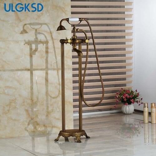 ULGKSD Antique Brass Bathtub Faucet W/Hand Shower Floor Stand Faucets Shower Free Standing Floor Bathtub Mixer Tap Faucet