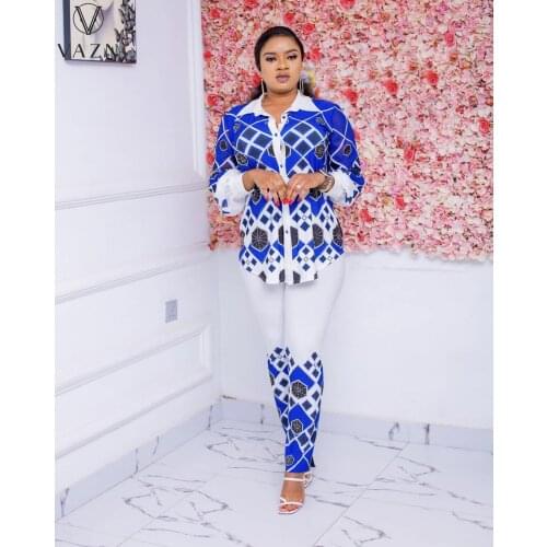 VAZN 2021 Plus Size Top Quality Sexy Young Print Vintage V-neck Soft Print Loose Long Pant Women 2 Piece Set