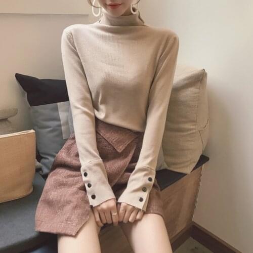 Elegant Women Long Sleeve With Button Turtleneck Knitted Basic Sweater Shirt Lady Elastic Slim Tight Pullover Chic Blouse Tops