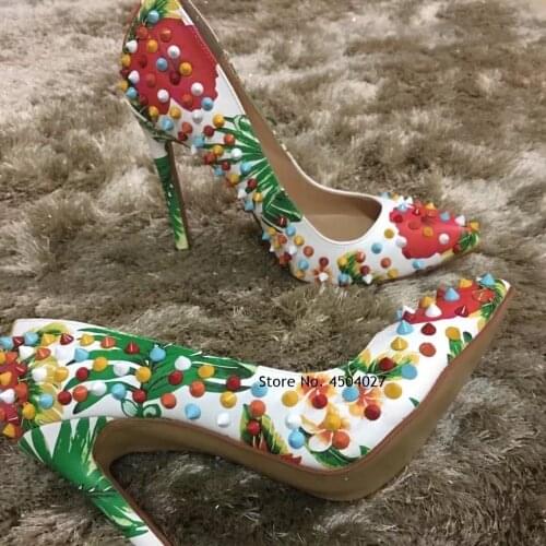 Multi Rivets High Heels Leaf Red Flowers Printed Pumps Women Spikes Wedding Shoes 12cm 10cm