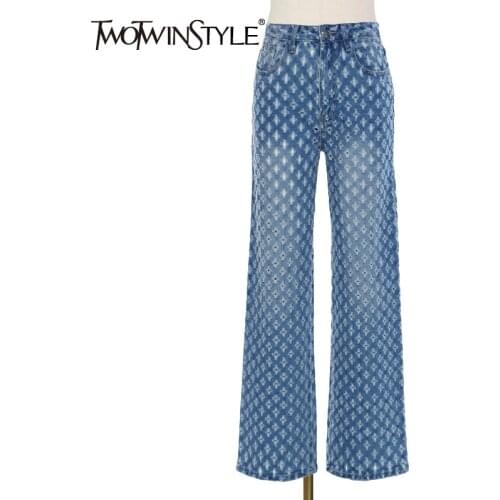 TWOTWINSTYLE Print Vintage Denim Pant For Women High Waist Hit Color Full Length Wide Leg Pants Female Fashion New Clothing 2021