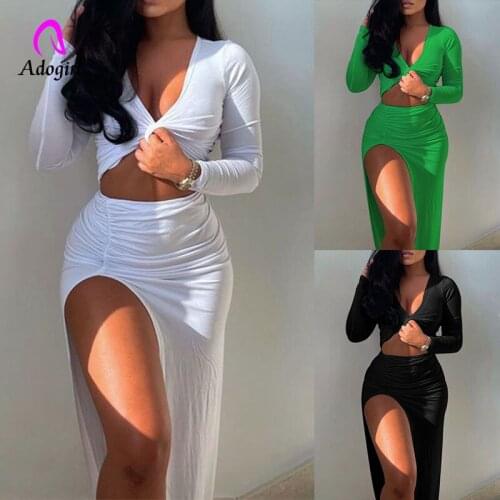 Solid Women 2 Piece Set Long Sleeve Cross Crop Top High Slit Skirt Matching Set 2021 Autumn Sexy Deep V Neck Club Party Vestidos